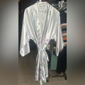 Vintage Satin Floral Kimono Robe Butterfly Dragonfly Tie
